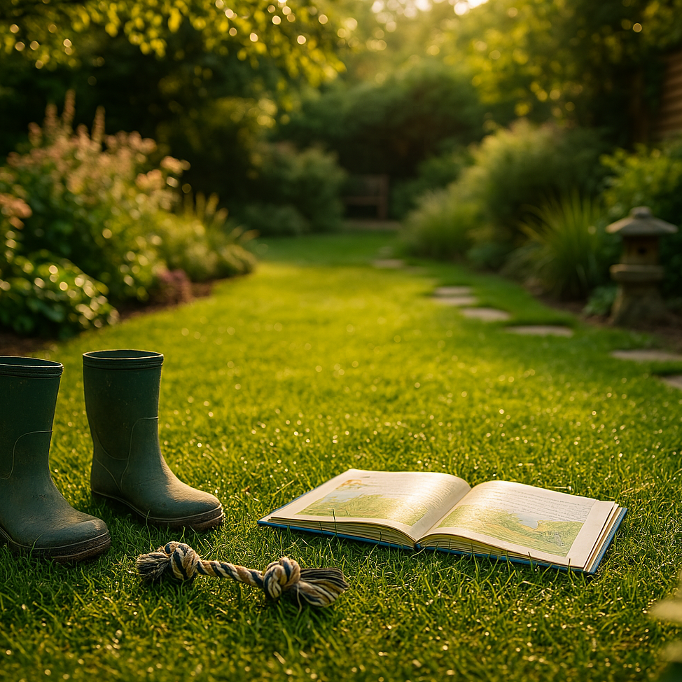 Garten mit Gummistiefeln, einem offenen Buch und einem Seil auf dem Rasen.